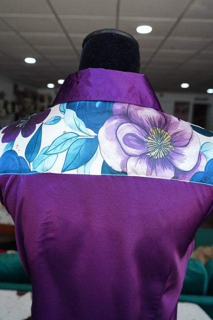 L - Large Purple Flowers on Purple Satin Button Down
