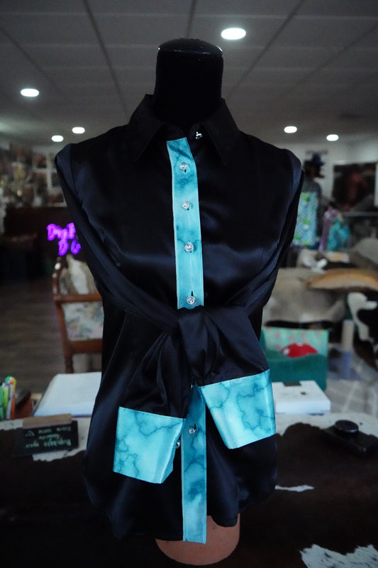 S - Turquoise Stone on Black Satin Button Down