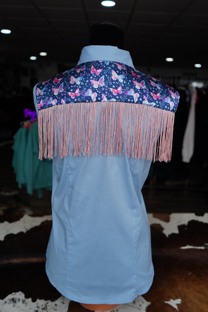 L - Pink Watercolor Butterflies w/ Pink Fringe  on Baby Blue Cotton Button Down