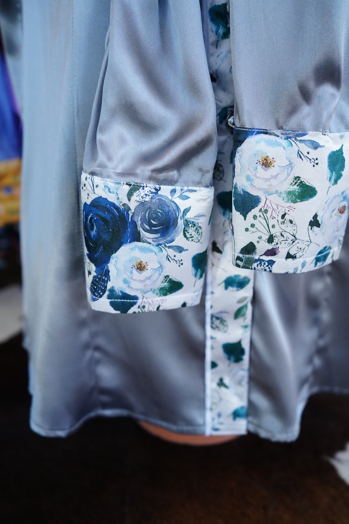 XL - Navy Feather Floral on Silver Satin Button Down