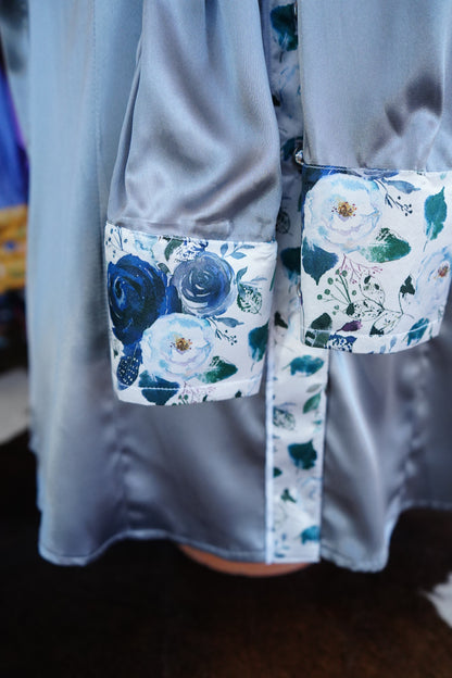 XL - Navy Feather Floral on Silver Satin Button Down
