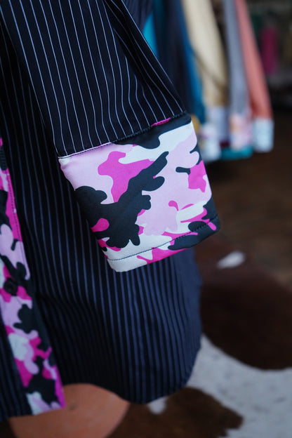 M - Pink Camo on B/W Stripe Cotton Button Down