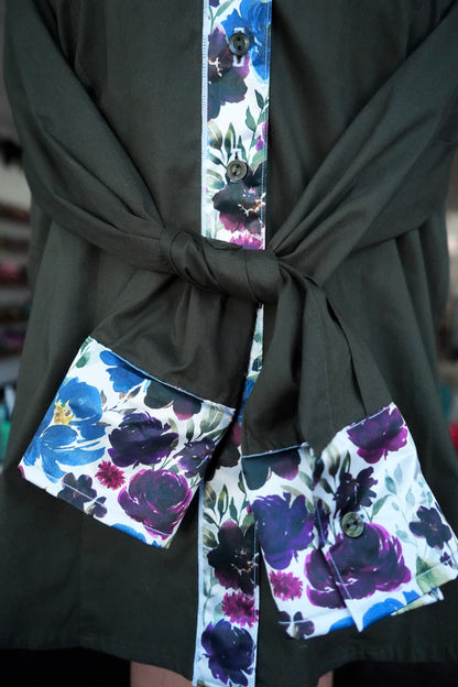 XL - Plum Floral on Olive Cotton Button Down
