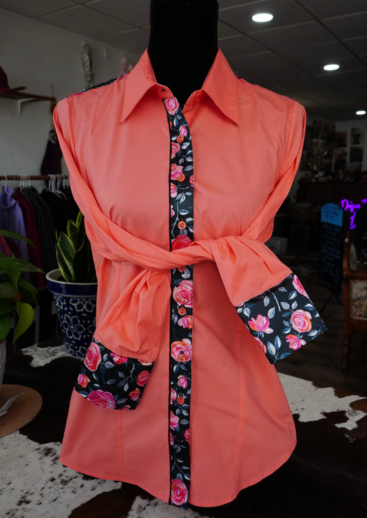 XL - Pink Roses on Coral Cotton Button Down