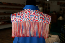 Load image into Gallery viewer, 2XL - Patriotic Butterflies w/ Double Fringe on Blue Satin Button Down