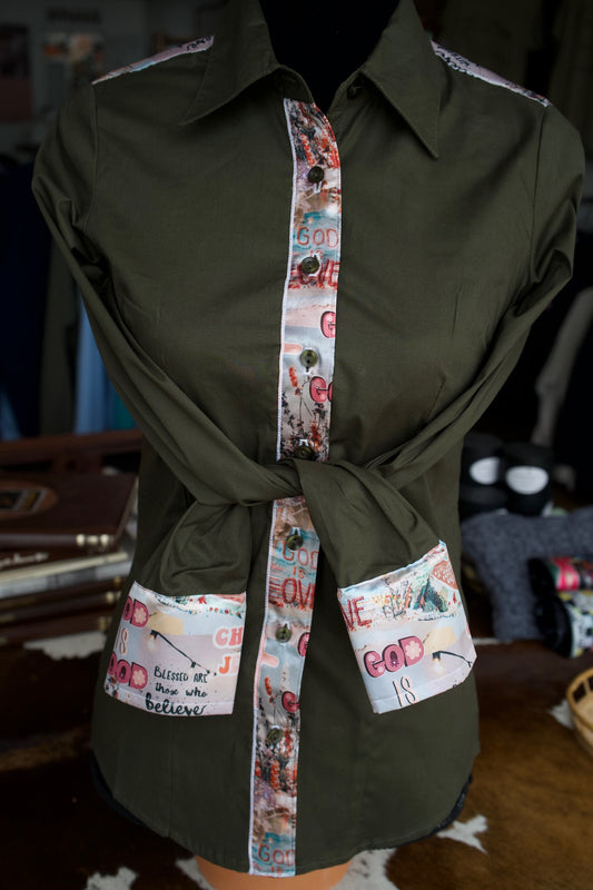 S - Jesus Is King on Olive Cotton Button Down
