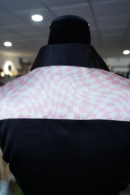 S - Pink Wavy Checkered on Black Satin Button Down