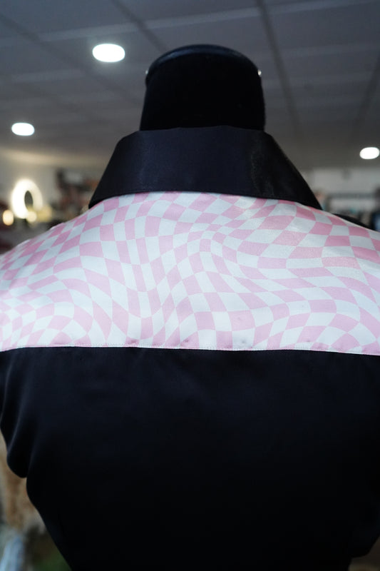 S - Pink Wavy Checkered on Black Satin Button Down