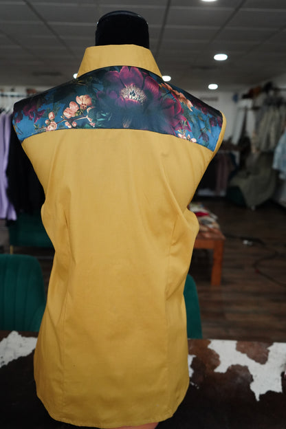 XL - Teal & Mustard Moody Floral on Mustard Cotton Button Down