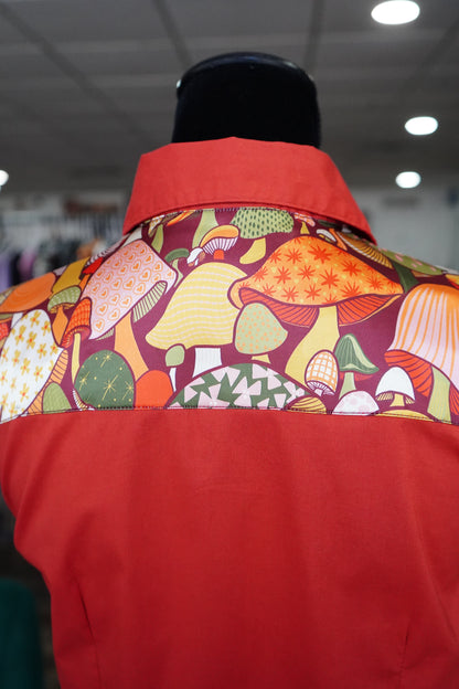 M - 70s Trippy Hippy on Rust Red Cotton Button Down