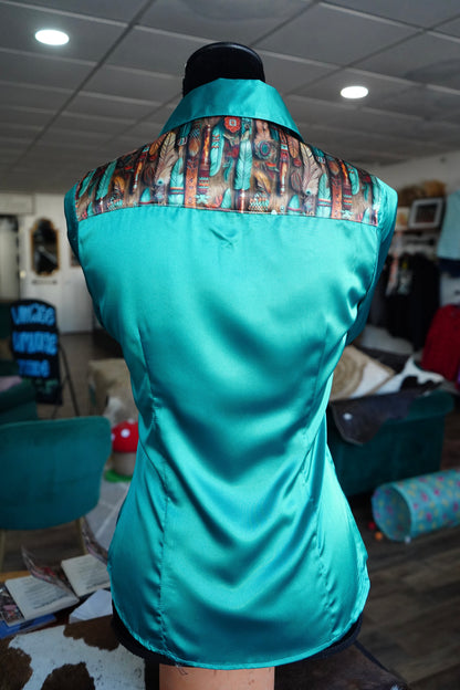 S - Teal Feathers on Emerald Satin Button Down