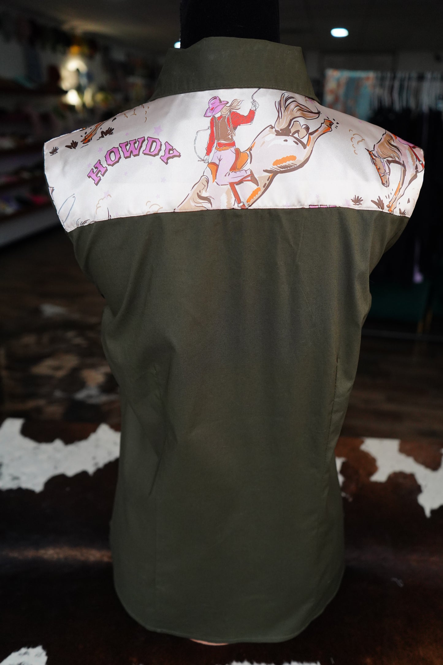 XL - Pink Howdy Gal on Olive Cotton Button Down