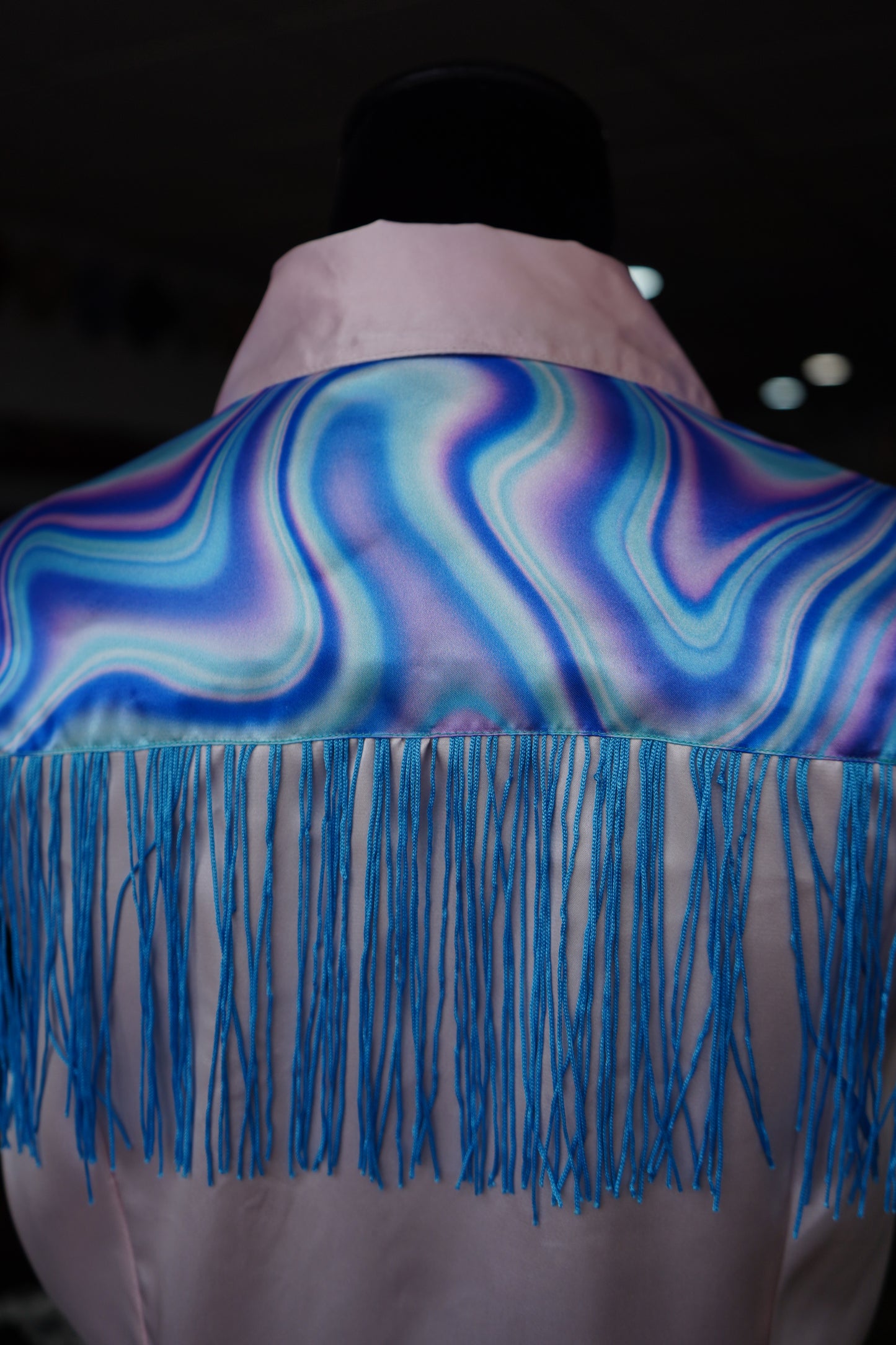 L - Light Pink n Turquoise Oil Spill on Light Pink Satin Button Down w/ Fringe