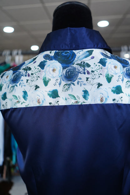 M - Navy Feather Floral on Navy Satin Button Down