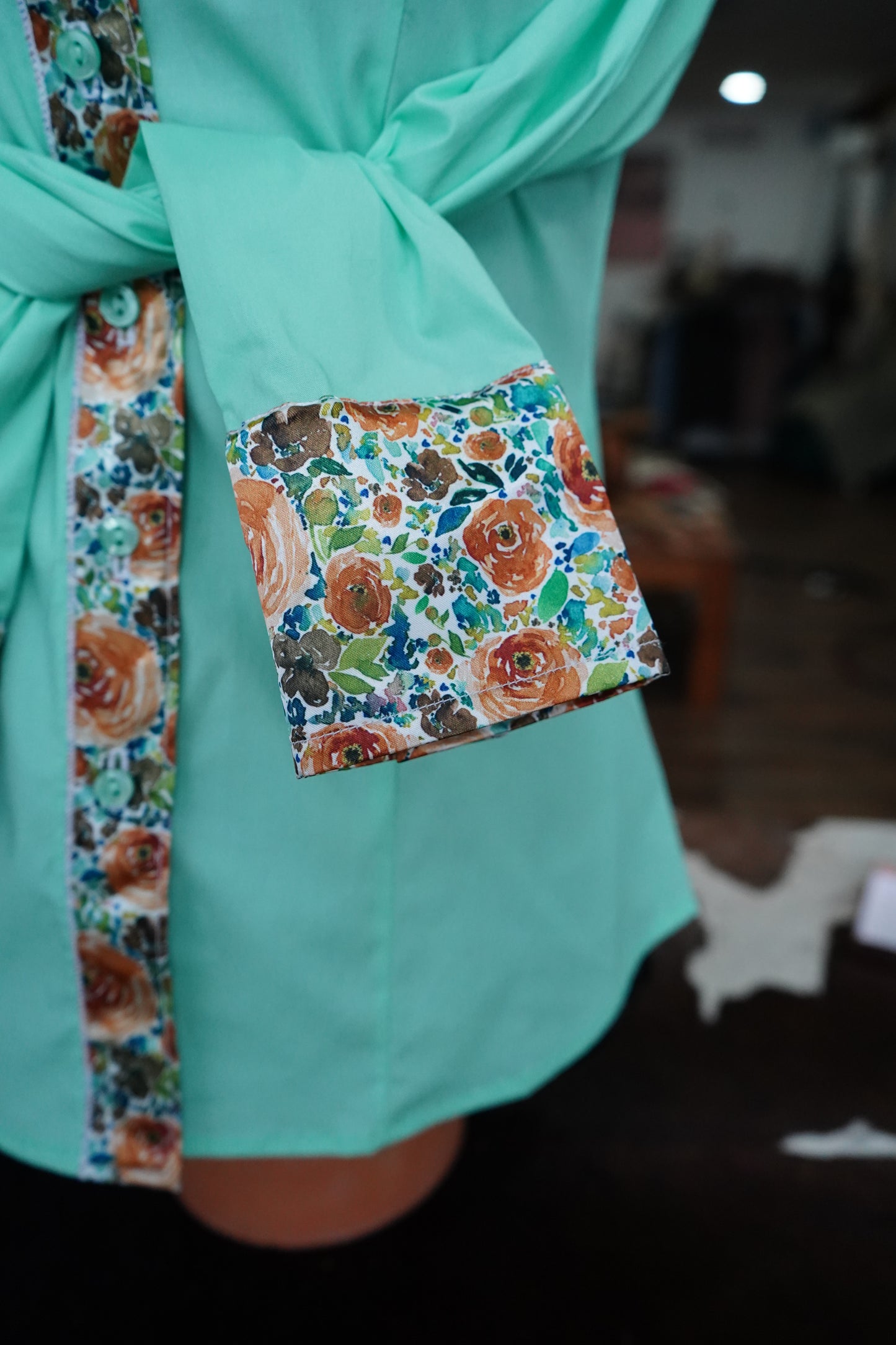 S - Rust Flowers on Mint Cotton Button Down