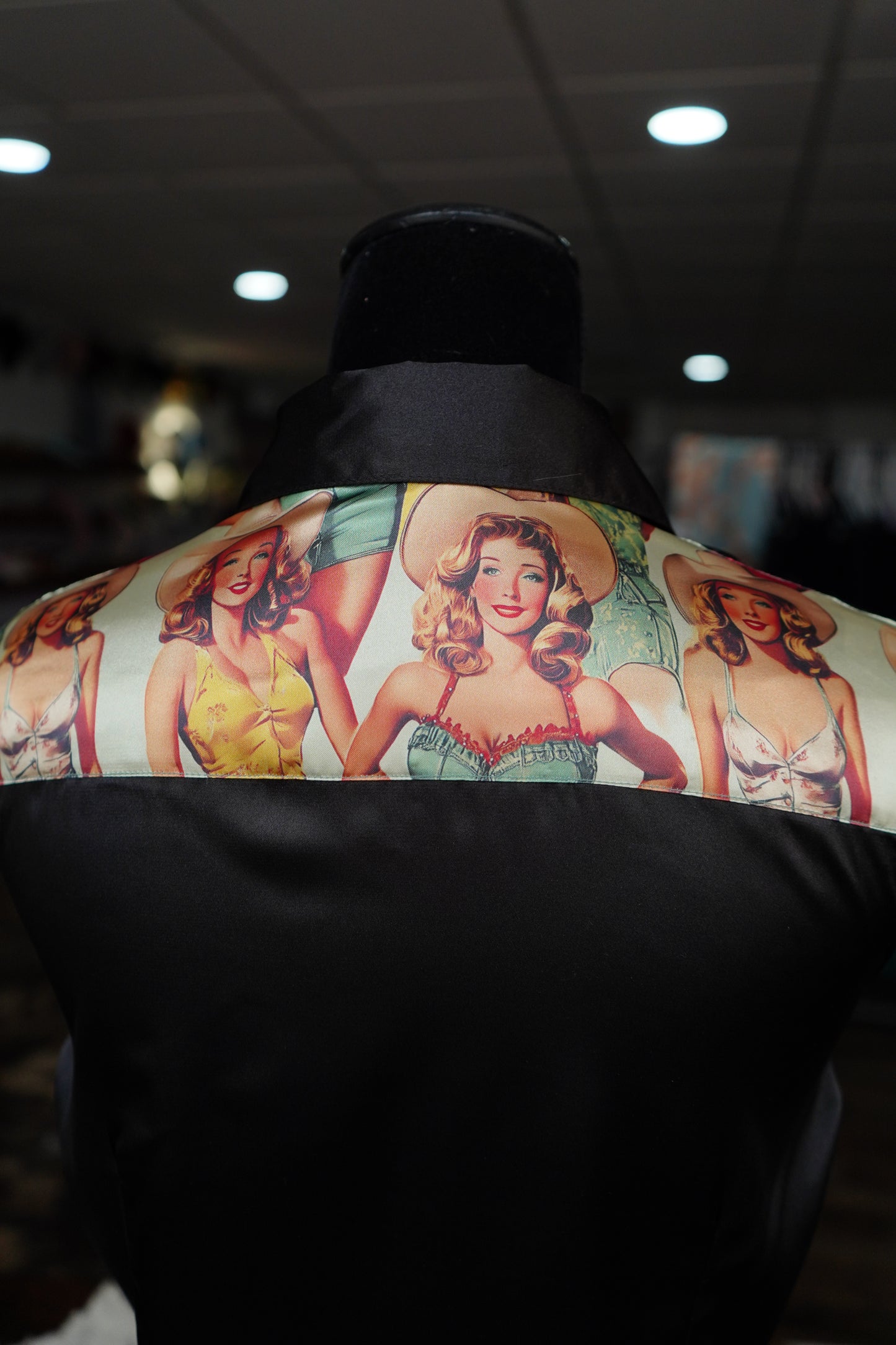 L - Sage Pinup Cowgals on Black Satin Button Down