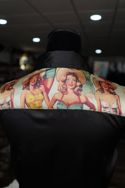 L - Sage Pinup Cowgals on Black Satin Button Down