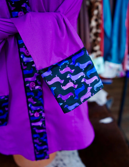 L - Purple, Pink & Blue Weenie Dogs on Magenta Cotton Button Down