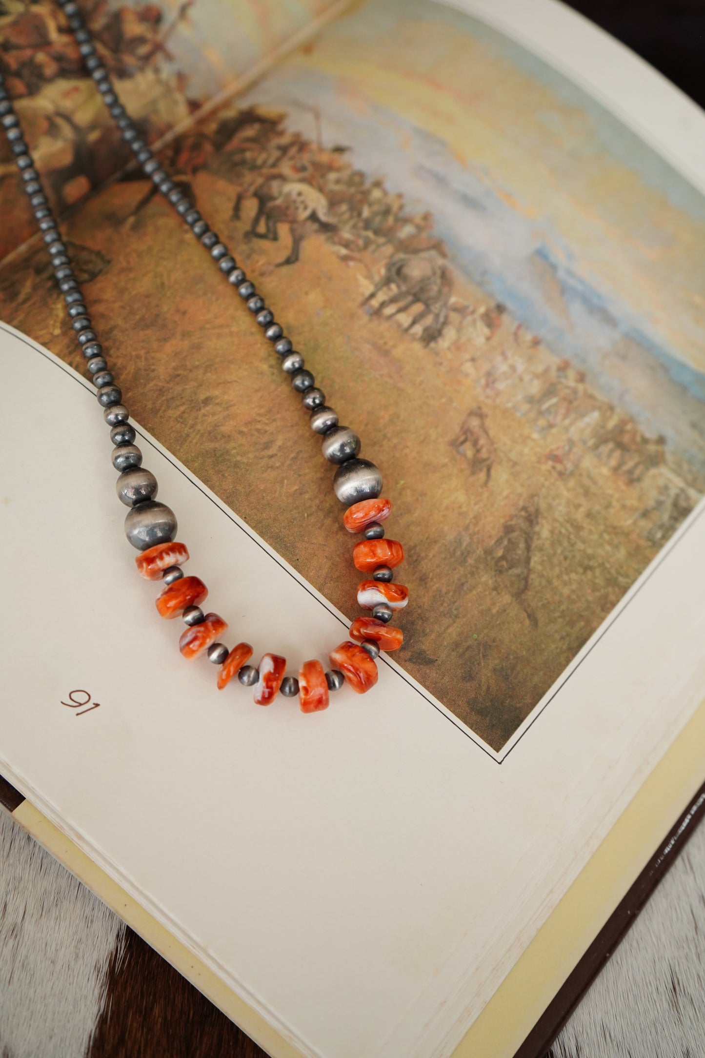 4-12mm Sterling Silver Pearls w/ Orange Spiny Necklace - 22”