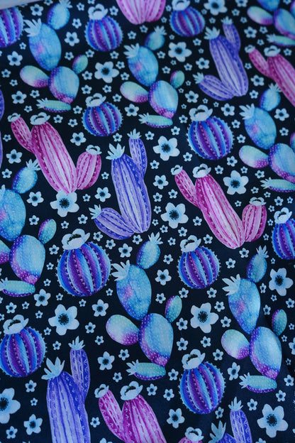 Watercolor Pink, Turquoise & Purple Cacti on Black Wild Rag