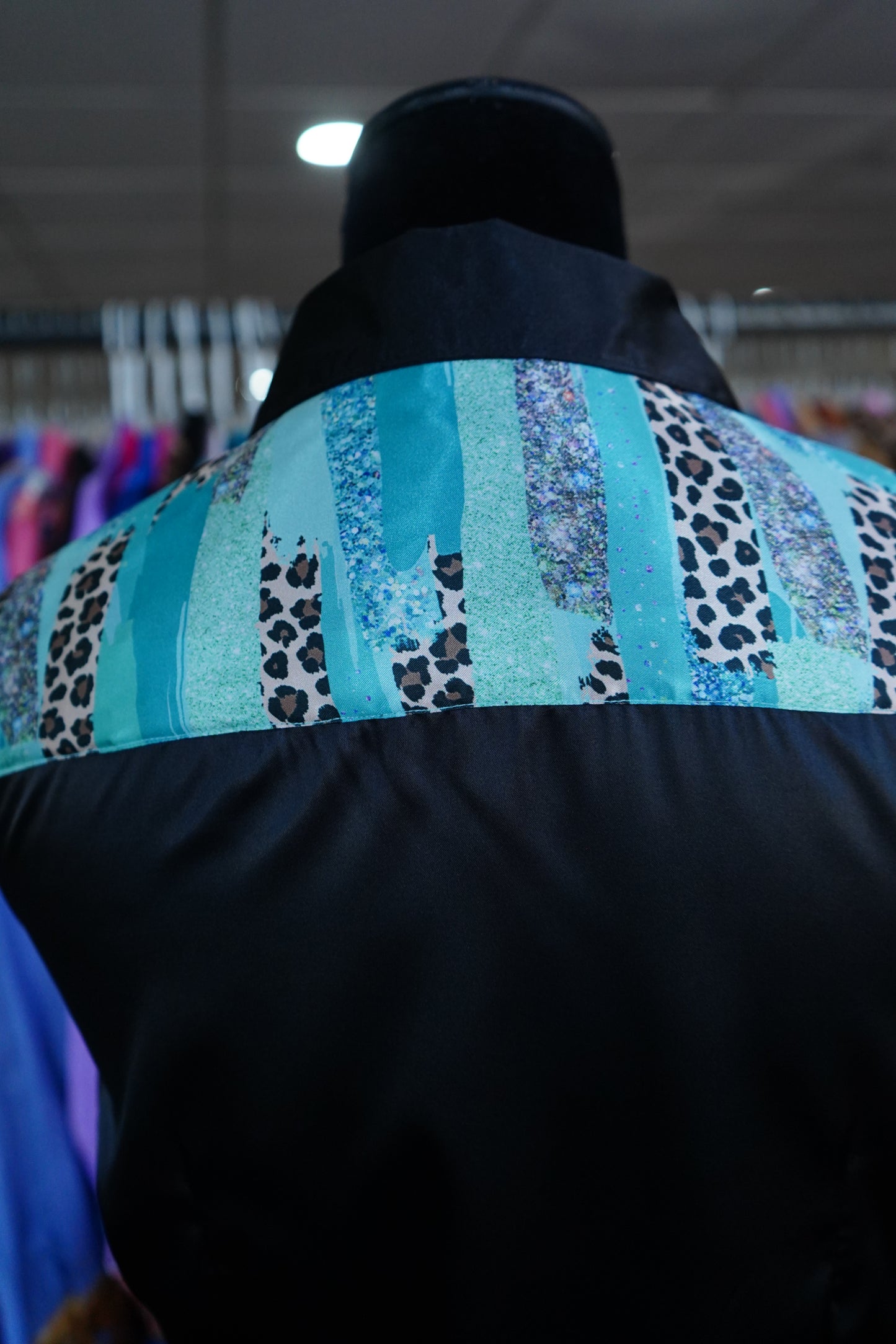 S - Cheetah Turquoise Brushstrokes on Black Satin Button Down