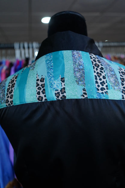 S - Cheetah Turquoise Brushstrokes on Black Satin Button Down