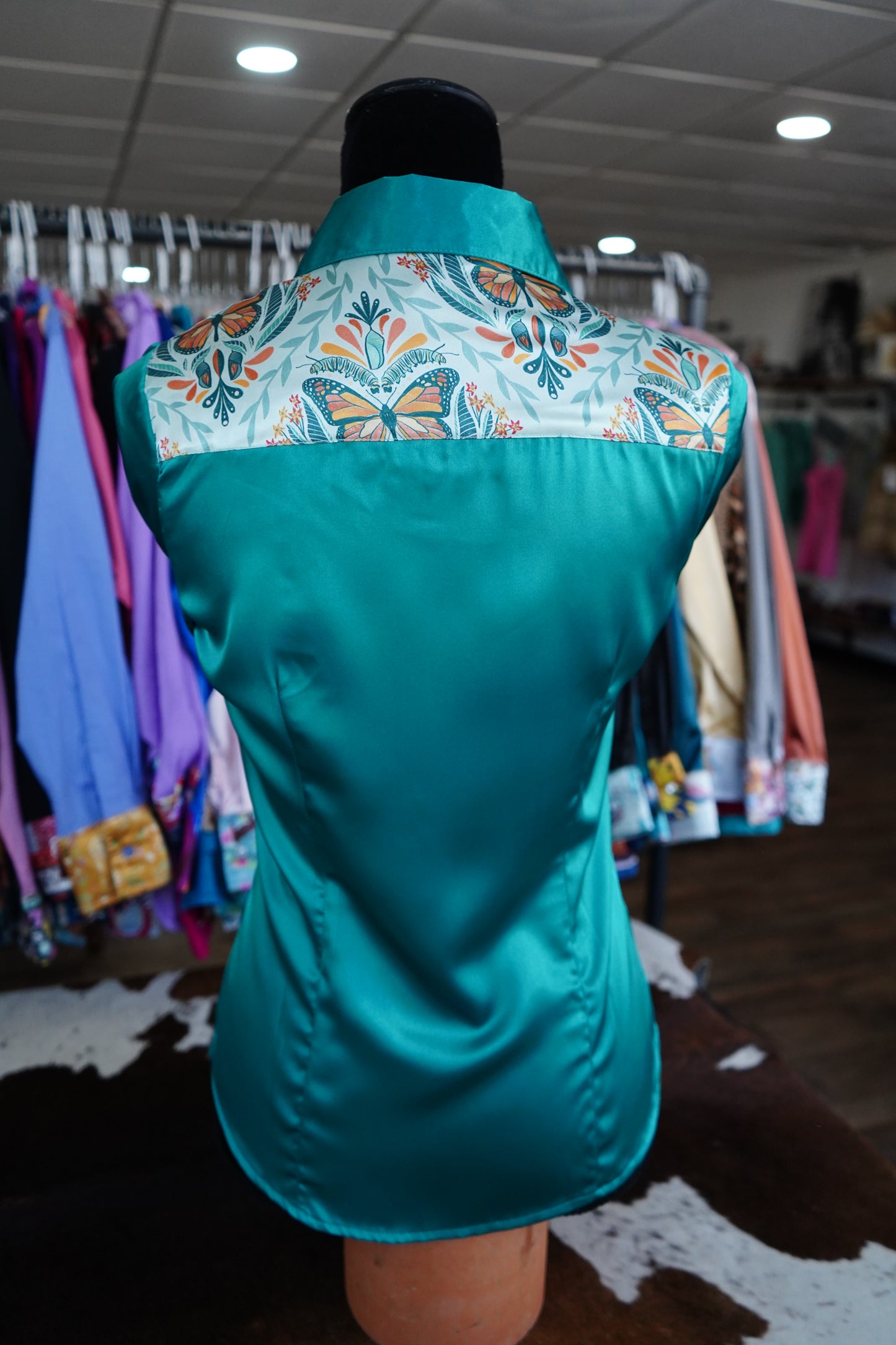 S - Emerald Monarch Life on Emerald Satin Button Down