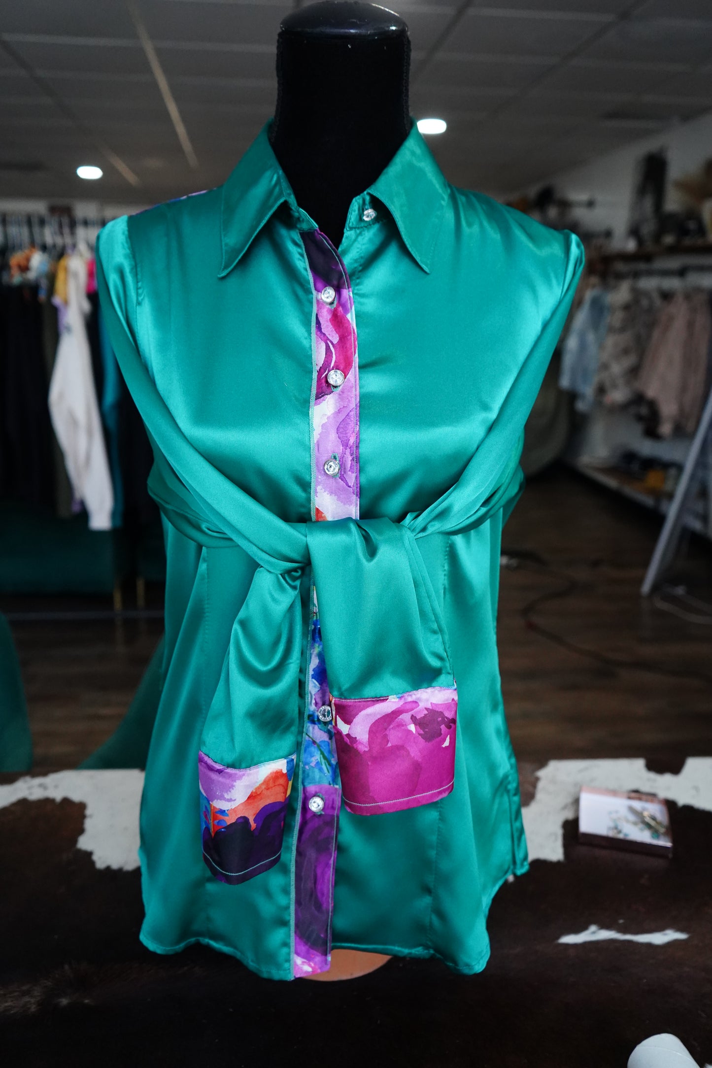L - Watercolor Floral on Emerald Satin Button Down