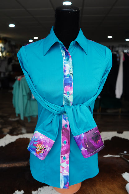 S - Watercolor Floral on Teal Cotton Button Down