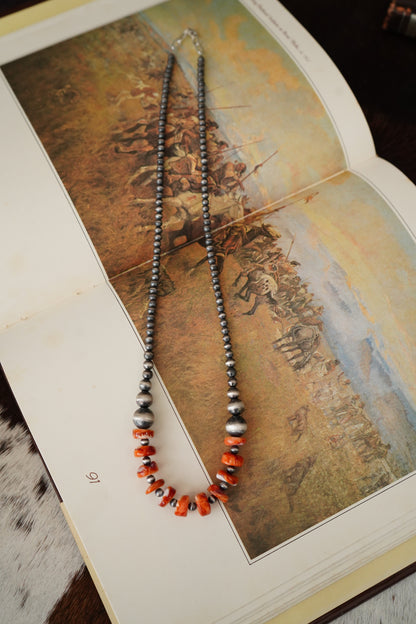 4-12mm Sterling Silver Pearls w/ Orange Spiny Necklace - 22”