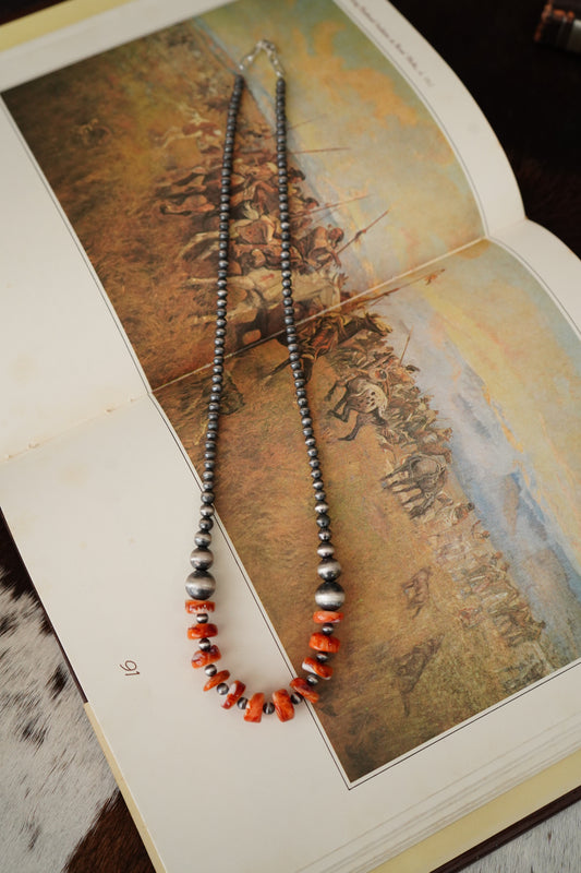 4-12mm Sterling Silver Pearls w/ Orange Spiny Necklace - 22”