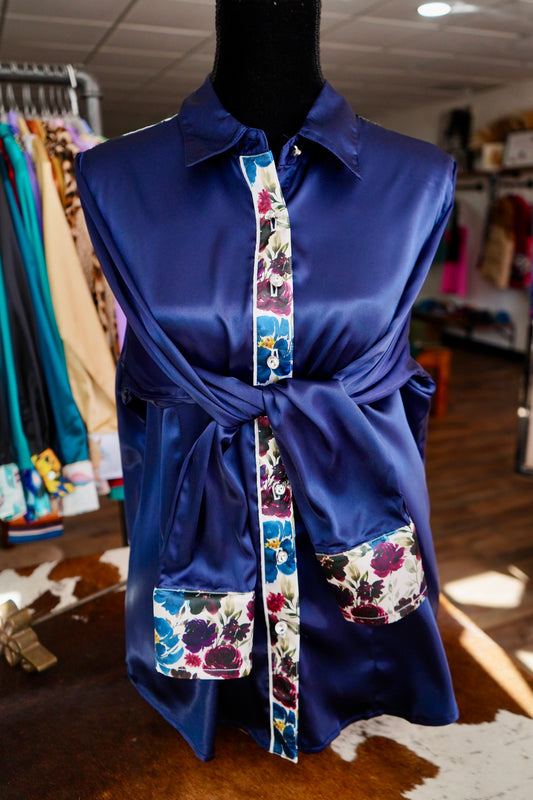 2XL - Navy Plum Floral on Navy Satin Button Down