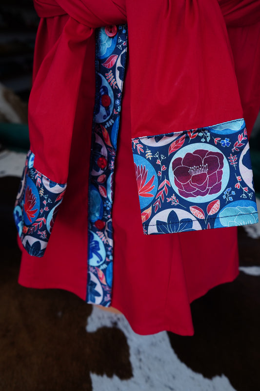 L - Patriotic Floral Patches on Red Cotton Button Down