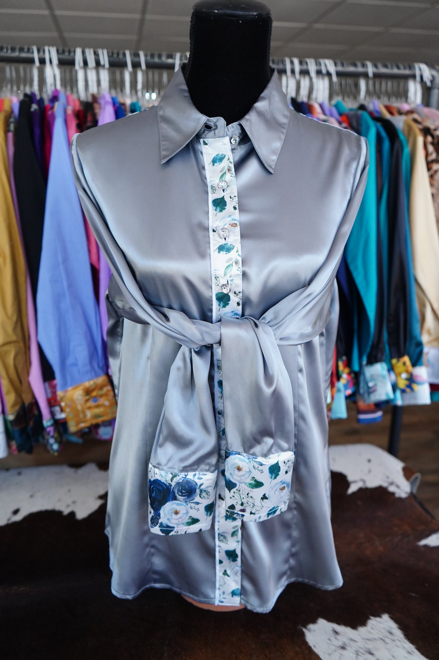 XL - Navy Feather Floral on Silver Satin Button Down