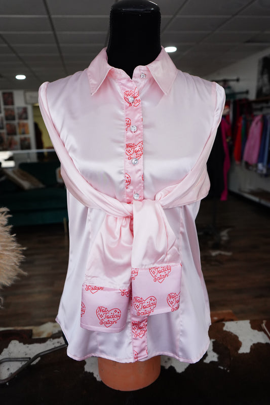 L - Not Today Satan on Light Pink Satin Button Down