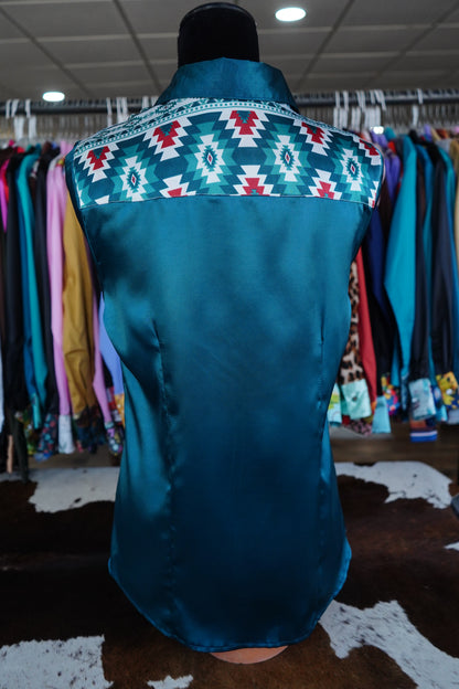 L - Teal Montana Aztec on Teal Satin Button Down