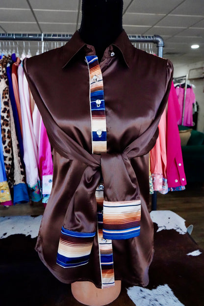 M - Navy & Brown Serape on Brown Satin Button Down