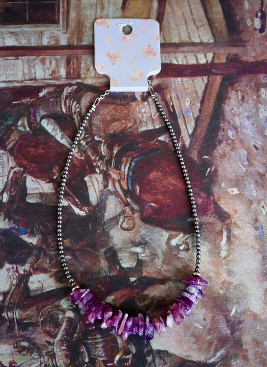 Sterling Silver Pearls w/ Lepidolite Chips Necklace - 14.5”