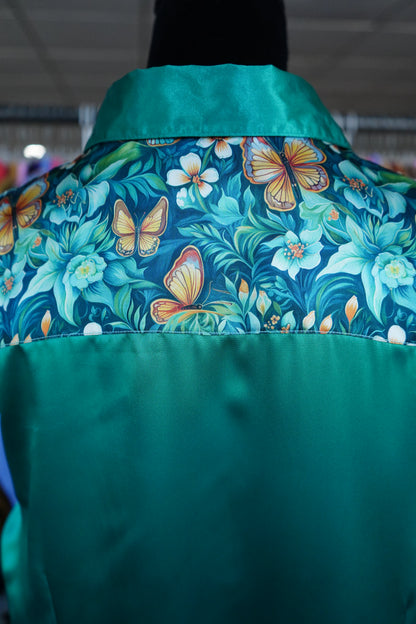 2XL - Emerald Floral Butterflies on Emerald Satin Button Down