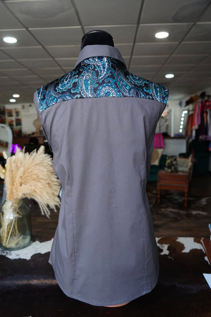 XL - Teal & Grey Paisley on Gray Cotton Button Down