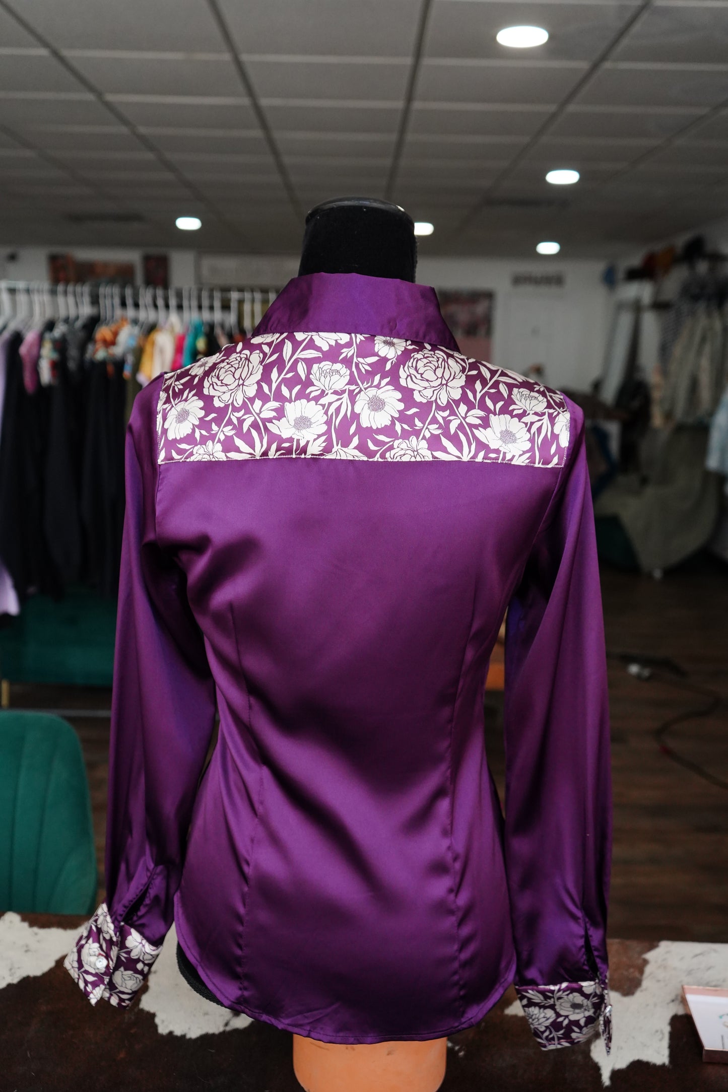 S - Purple & Cream Floral on Purple Satin Button Down