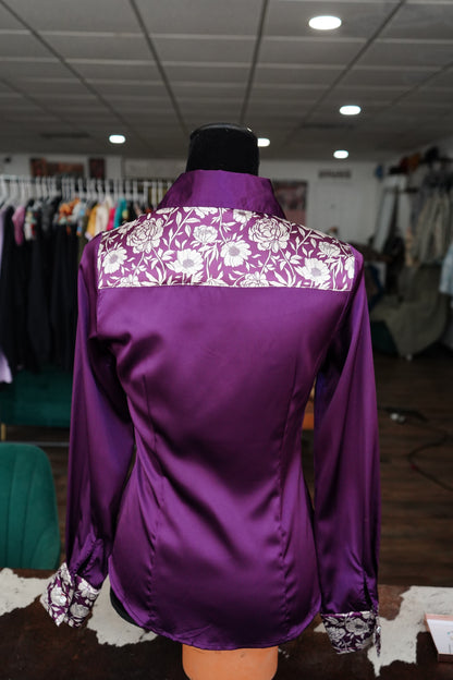 S - Purple & Cream Floral on Purple Satin Button Down