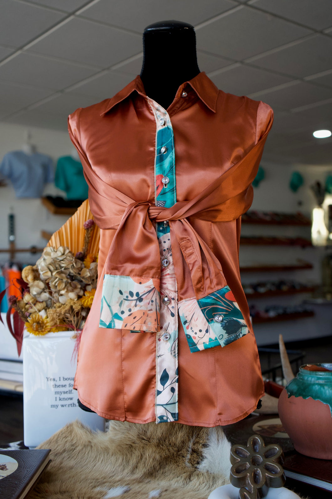 S - Rustic Bohemian Floral on Rust Button Down