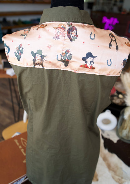 3XL - PRE-LOVED Western Drawings on Olive Cotton Button Down