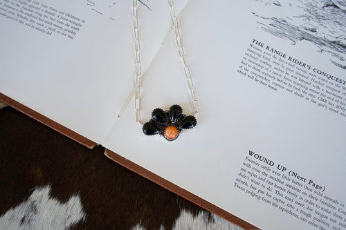 Black Onyx & Spiny Oyster Half Flower Necklace