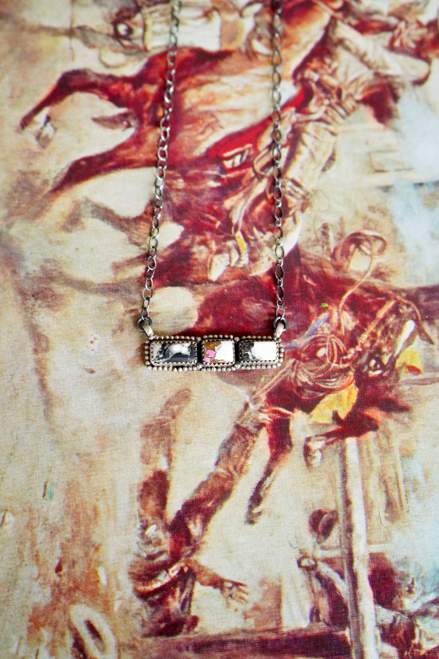 White Buffalo & Cotton Candy 3 Stone Bar Necklace