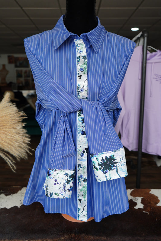 2XL - Watercolor Leaves & Flowers on Denim & White Striped Button Down