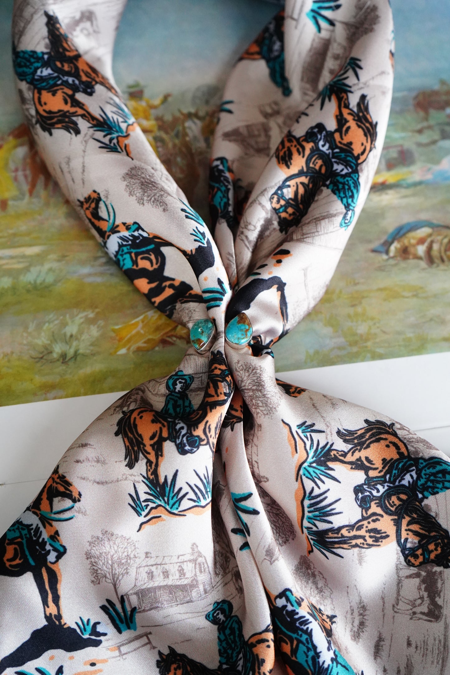 Tan & Emerald Cowboy Scene Wild Rag