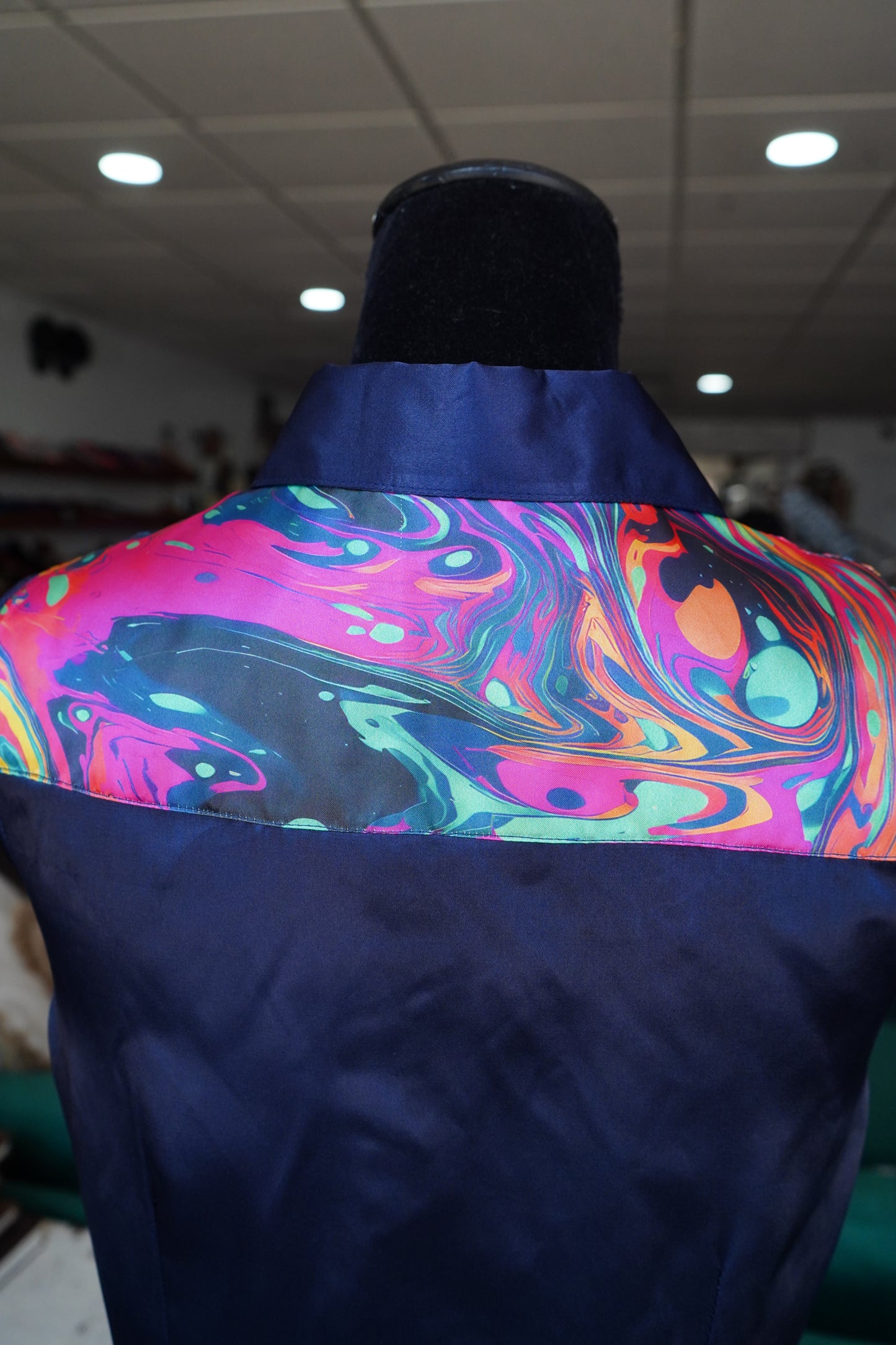 M - Turquoise & Pink Oil-spill on Navy Satin Branded Button Down