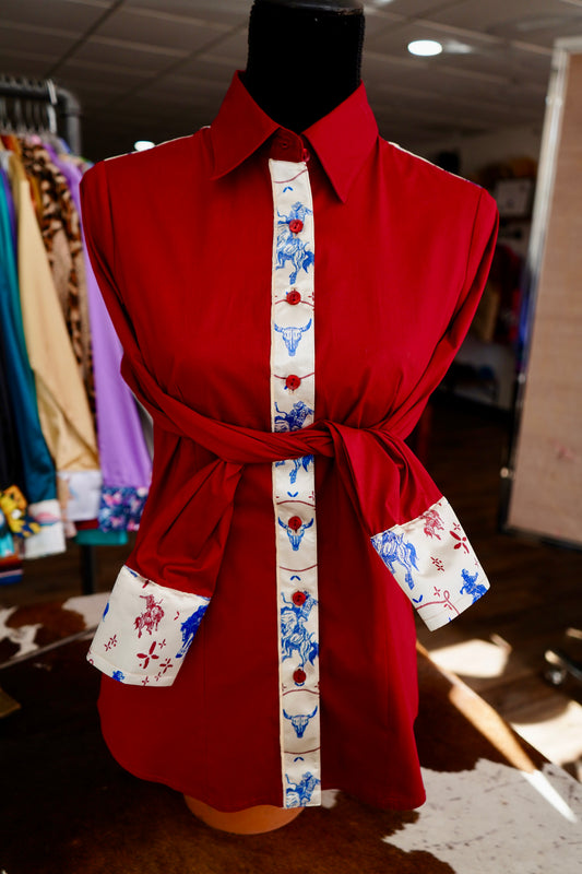L - Patriotic Buckers on Red Cotton Button Down